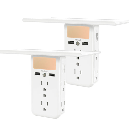 [2-Pack]VINTAR Outlet Shelf-Wall Outlet Extender with Built-in Shelf, Multi Plug Outlet with Adjustable Night Light,6 Power Outlets 2 USB Ports,ETL Certified.