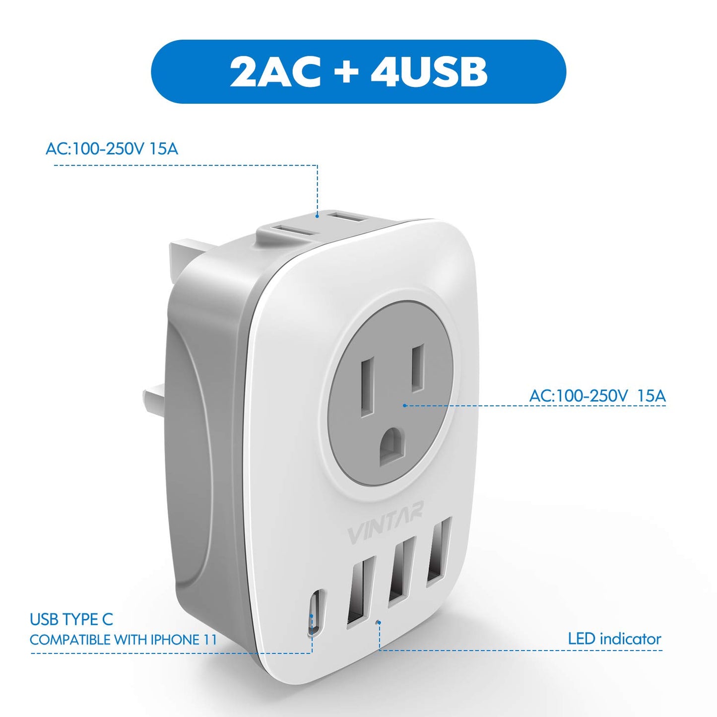 [2-Pack] UK Ireland Travel Plug Adapter, VINTAR International Power Adaptor with 1USB C, 2American Outlets and 3USB Ports, 6 in 1 Type G Plug Adapter