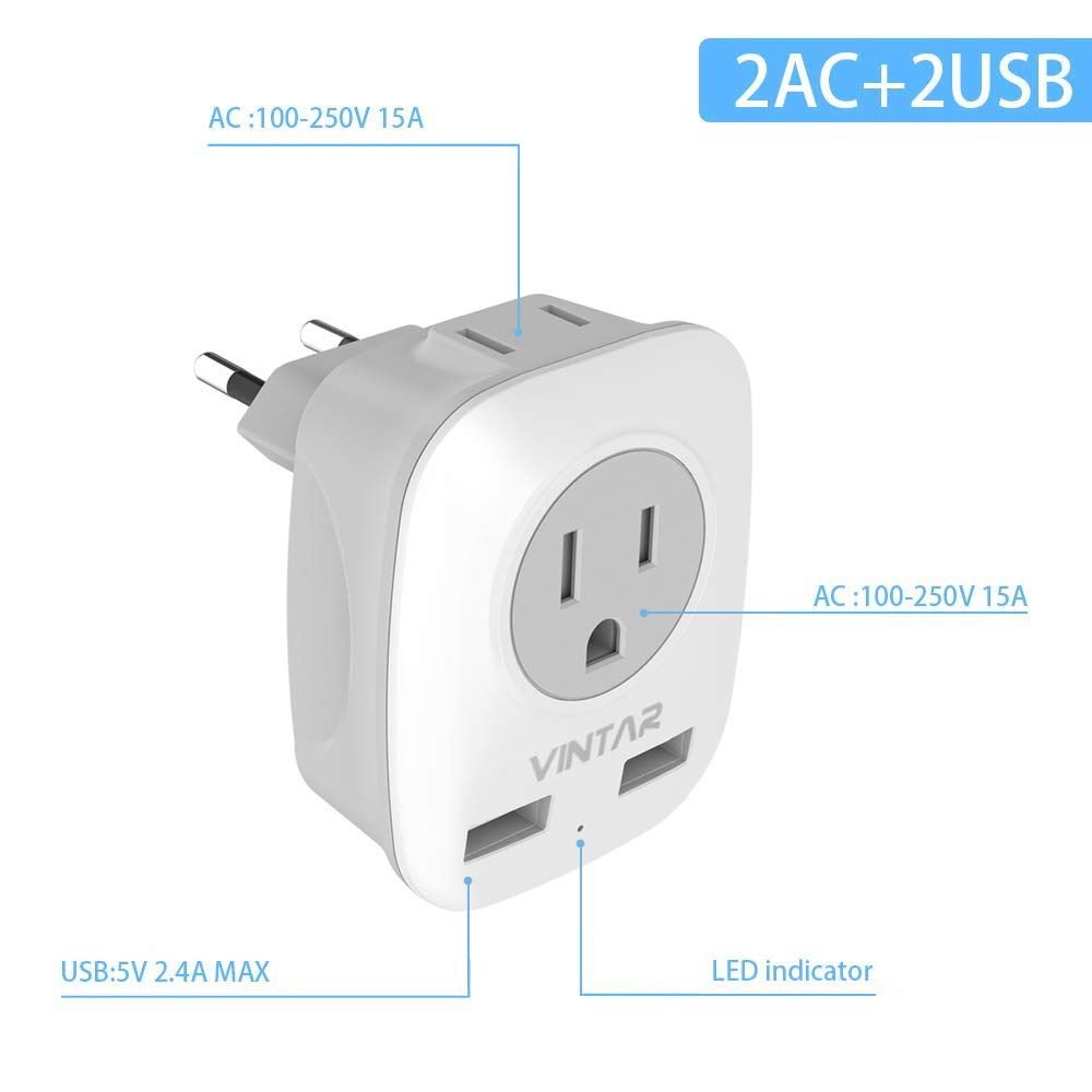 2-Pack] European Travel Plug Adapter, VINTAR International Power Plug Adapter  with 2 USB Ports,2 American Outlets- 4 in 1 Outlet Adapter,Travel  Essentials to Italy,Greece,France, Spain (Type C) –