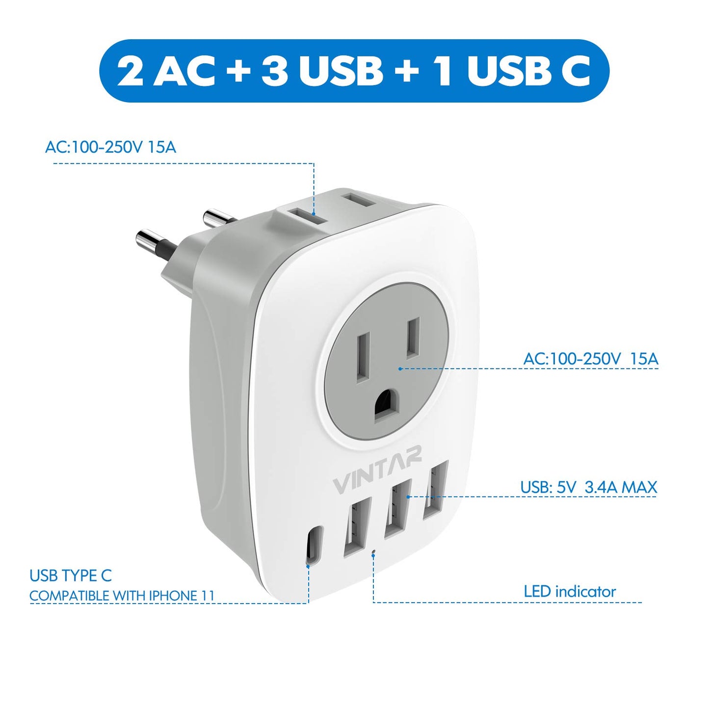 European Travel Plug Adapter, VINTAR International Power Plug Adapter with 1 USB C, 2 US Outlets and 3 USB Ports, 6 in 1 Travel Essentials to Most of Europe Greece, Italy(Type C)