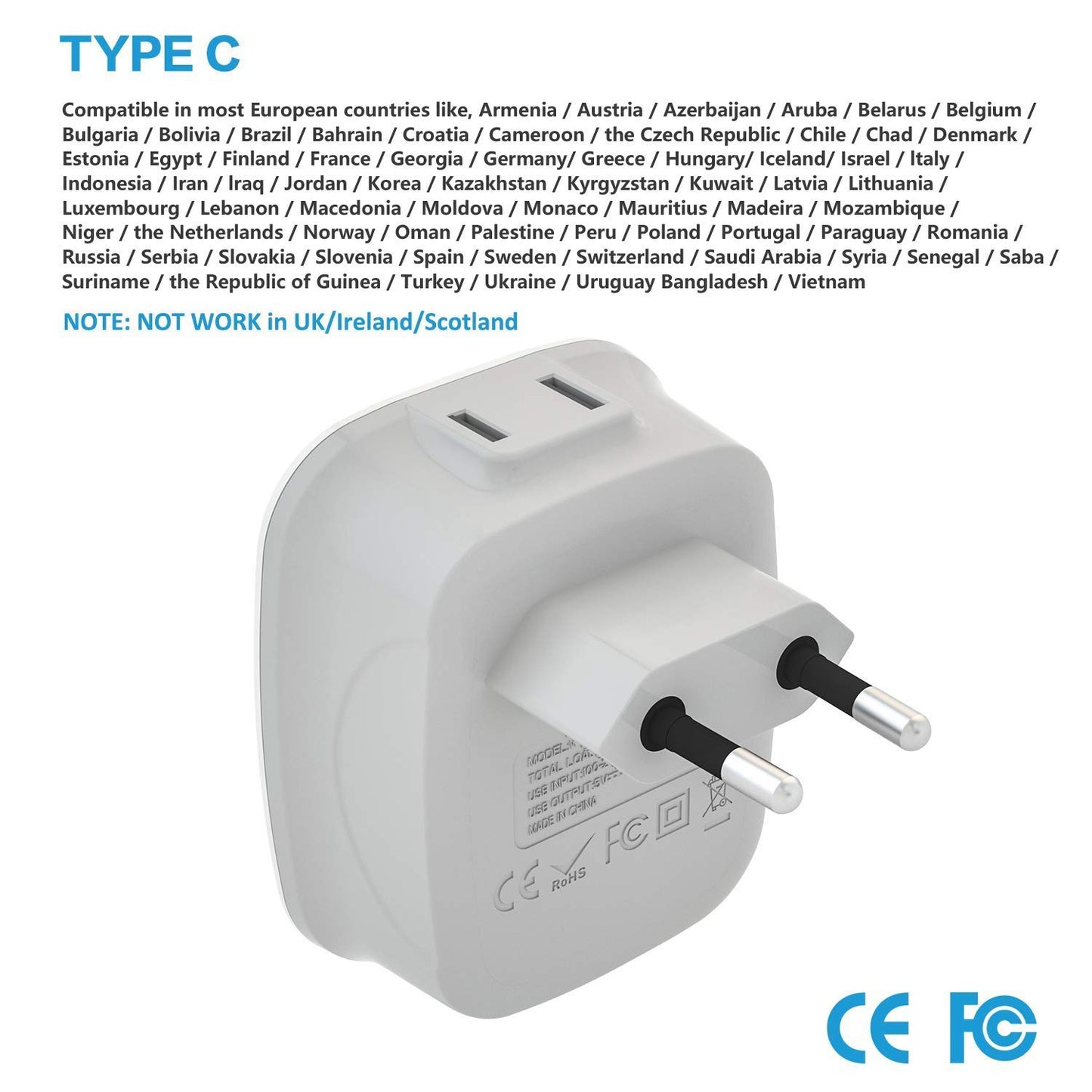 European Travel Plug Adapter, VINTAR International Power Plug Adapter with 1 USB C, 2 US Outlets and 3 USB Ports, 6 in 1 Travel Essentials to Most of Europe Greece, Italy(Type C)